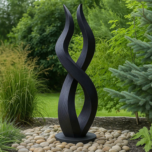 Tall Black Wooden Flame Sculpture – Handmade Modern Abstract Outdoor Garden Art | Solid Wood Fire-Inspired Yard Decor Statement Piece