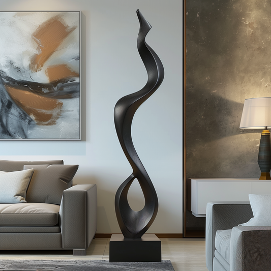 Tall Black Wooden Sculpture – Handmade Modern Abstract Floor Art | Contemporary Solid Wood Home Decor Statement Piece