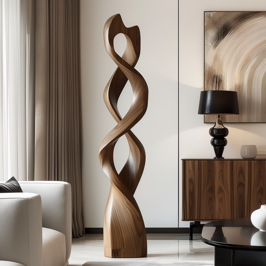 Tall Wooden Double Twist Sculpture – Handmade Modern Abstract Intertwined Form | Solid Wood with Natural Grain Modern Floor Art Decor