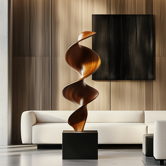 Tall Spiral Wave Wooden Sculpture – Handmade Modern Abstract Layered Twist | Solid Wood Polished Floor Art Contemporary Home Decor