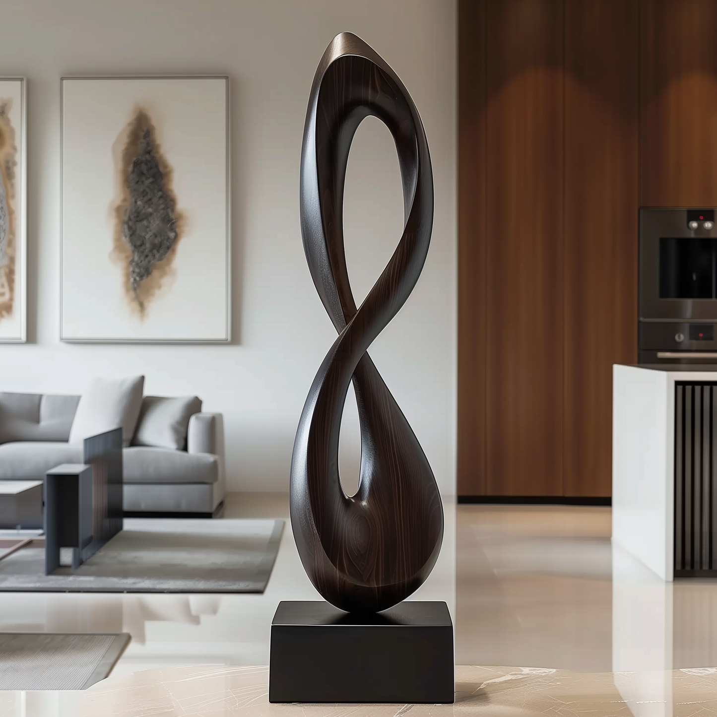 Tall Infinity Loop Wooden Sculpture Hand Carved Solid Wood Abstract Twist Modern Luxury Home Decor