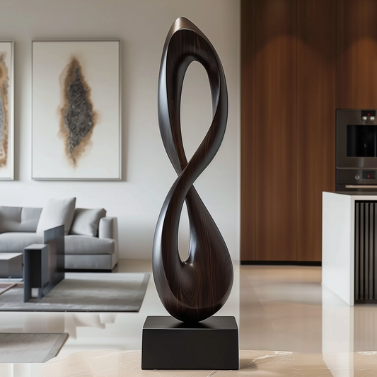 Tall Infinity Loop Wooden Sculpture Hand Carved Solid Wood Abstract Twist Modern Luxury Home Decor