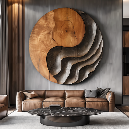 Large Wooden Yin Yang Wall Art – Handmade Abstract Round Wood Sculpture | Carved Solid Wood Wall Hanging Modern Home Decor
