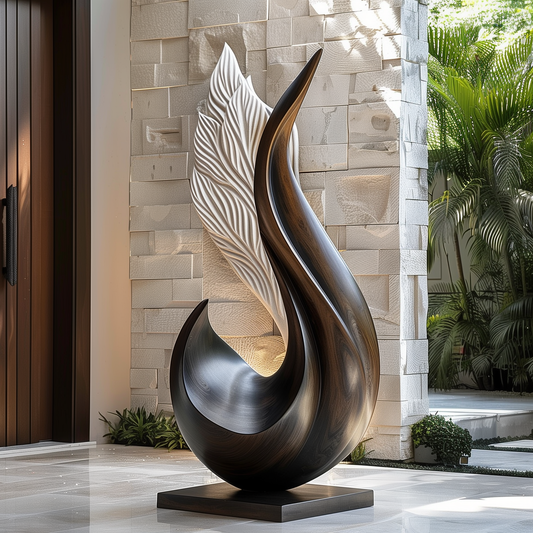 Tall Wooden Drop Sculpture – Handmade Modern Abstract Flame Petal Design | Solid Wood with Polished Grain Luxury Statement Floor Art Decor