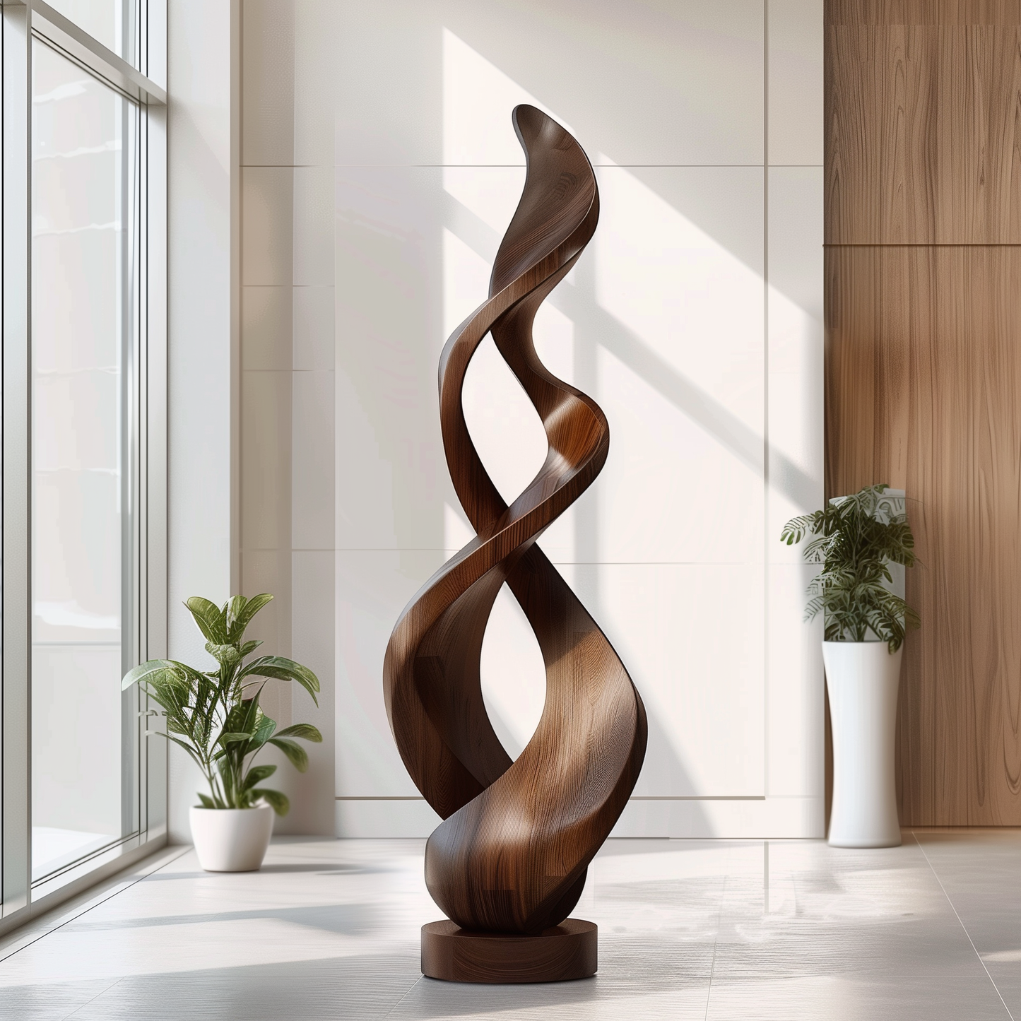 Tall Double Twist Wooden Sculpture – Handmade Abstract Intertwined Design | Solid Wood with Natural Grain Contemporary Floor Art Decor