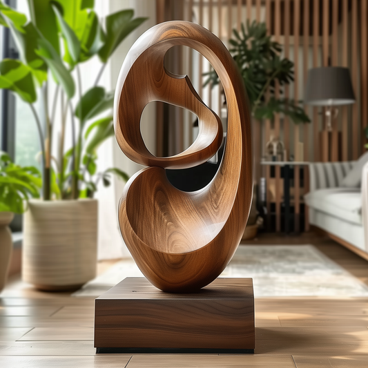 Modern Wooden Oval Flow Sculpture – Handmade Abstract Organic Loop Design | Solid Wood with Natural Grain Contemporary Floor Art Decor