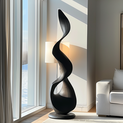 Tall Black Wooden Sculpture – Handmade Modern Abstract Spiral Twist | Solid Wood with Natural Grain Floor Art Home Decor Statement Piece
