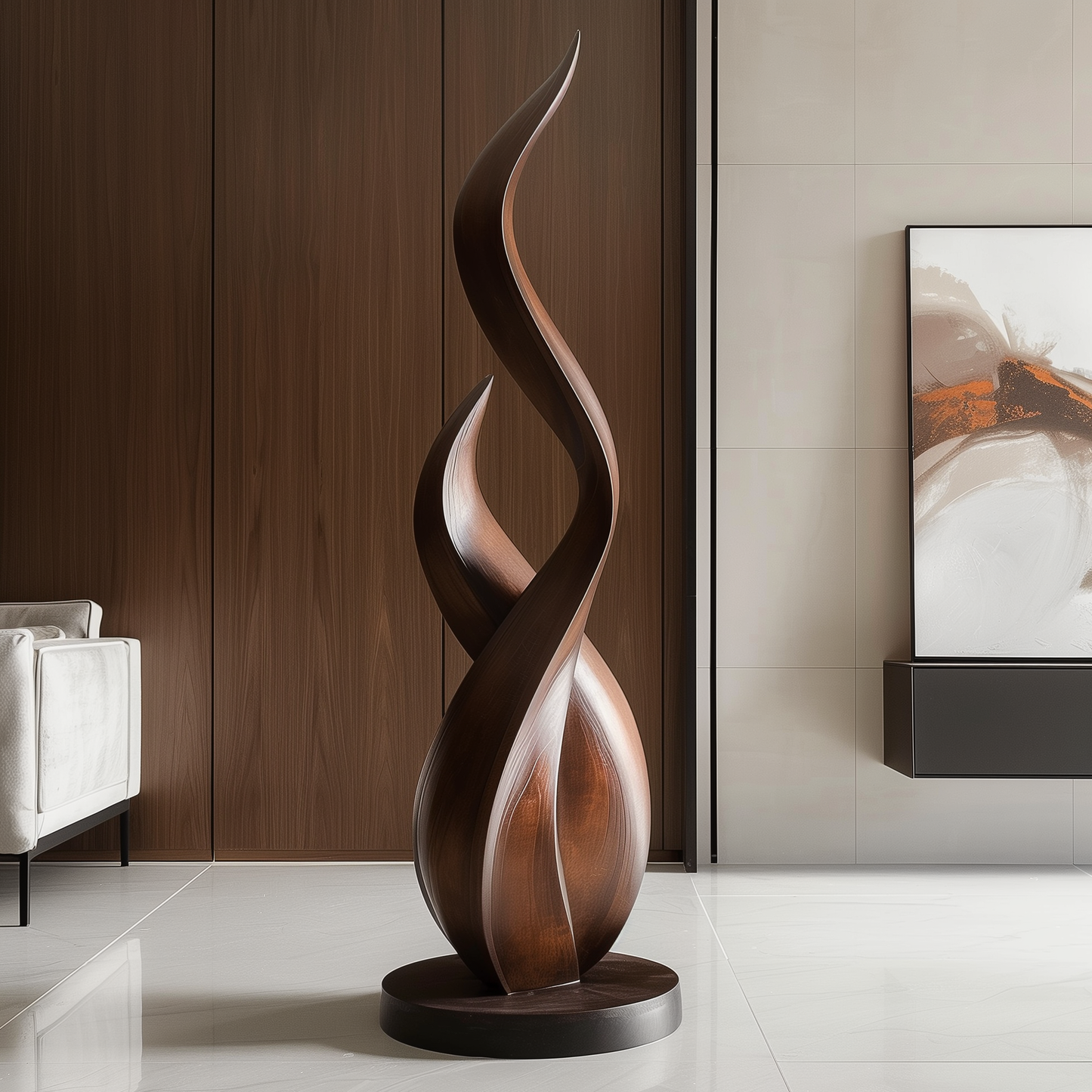 Double Flame Twist Wooden Sculpture Hand Carved Solid Wood Abstract Tall Modern Luxury Home Decor