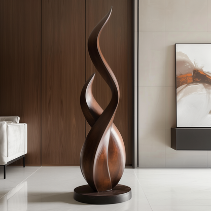 Double Flame Twist Wooden Sculpture Hand Carved Solid Wood Abstract Tall Modern Luxury Home Decor