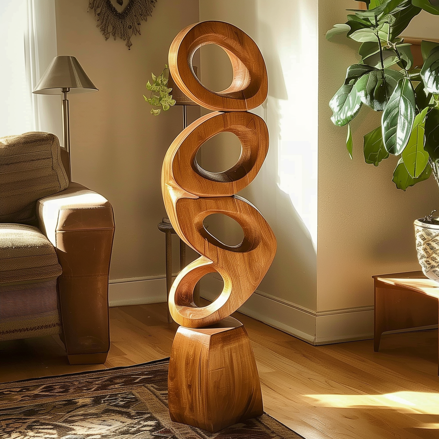 Tall Modern Wooden Loop Sculpture Hand Carved Solid Wood Abstract Floor Art Luxury Living Room Contemporary Decor
