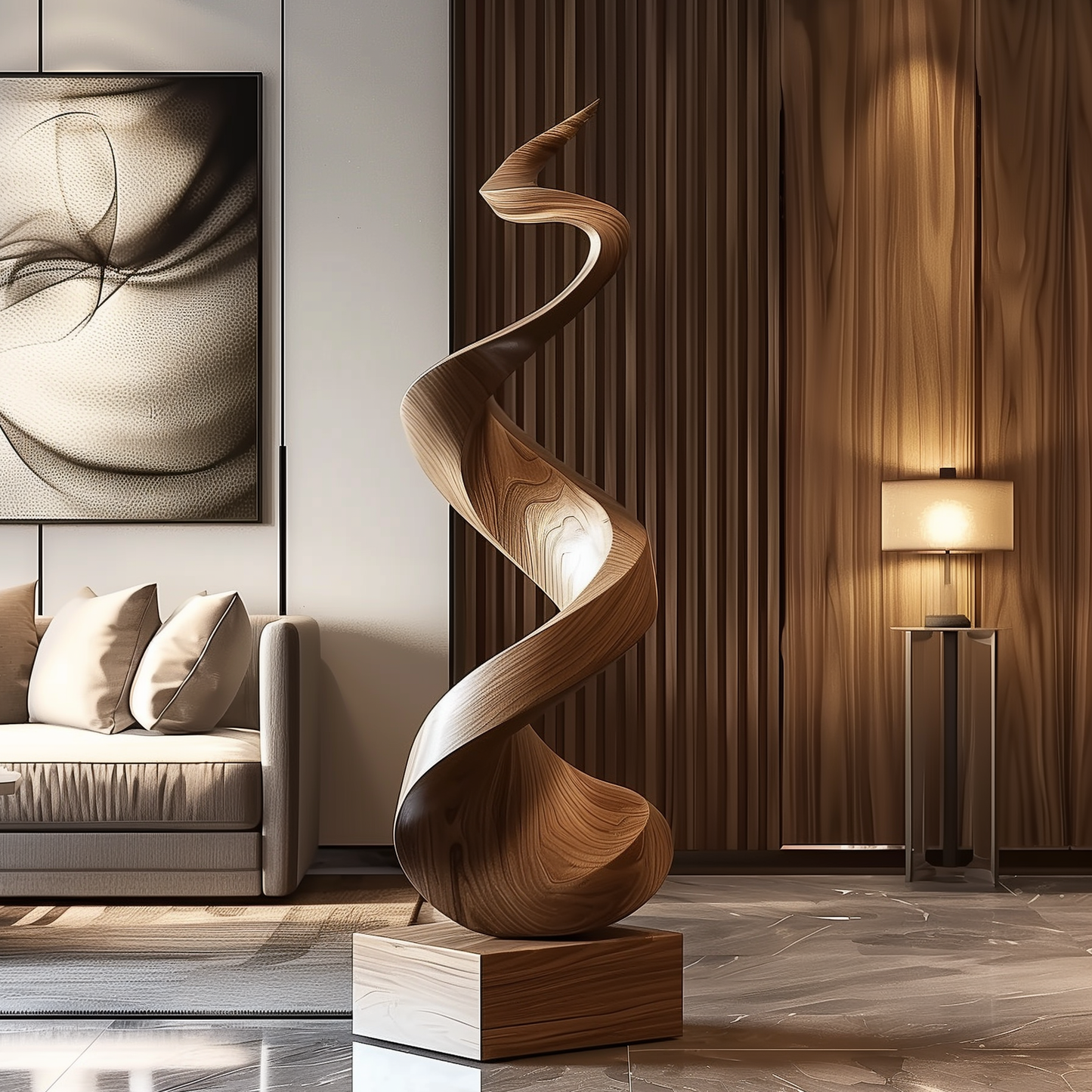 Tall Wooden Flame Spiral Sculpture Hand Carved Solid Wood Abstract Twist Modern Luxury Living Room Decor