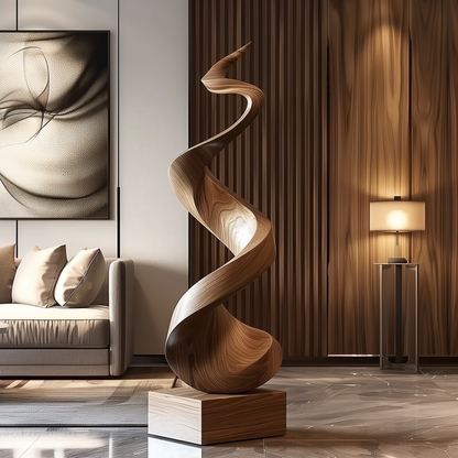 Tall Wooden Flame Spiral Sculpture Hand Carved Solid Wood Abstract Twist Modern Luxury Living Room Decor