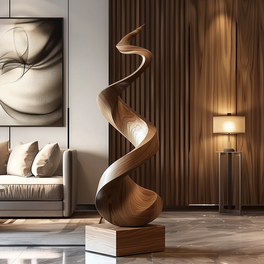 Tall Wooden Spiral Flow Sculpture – Handmade Modern Abstract Ribbon Twist Design | Solid Wood with Natural Grain Luxury Floor Art Decor