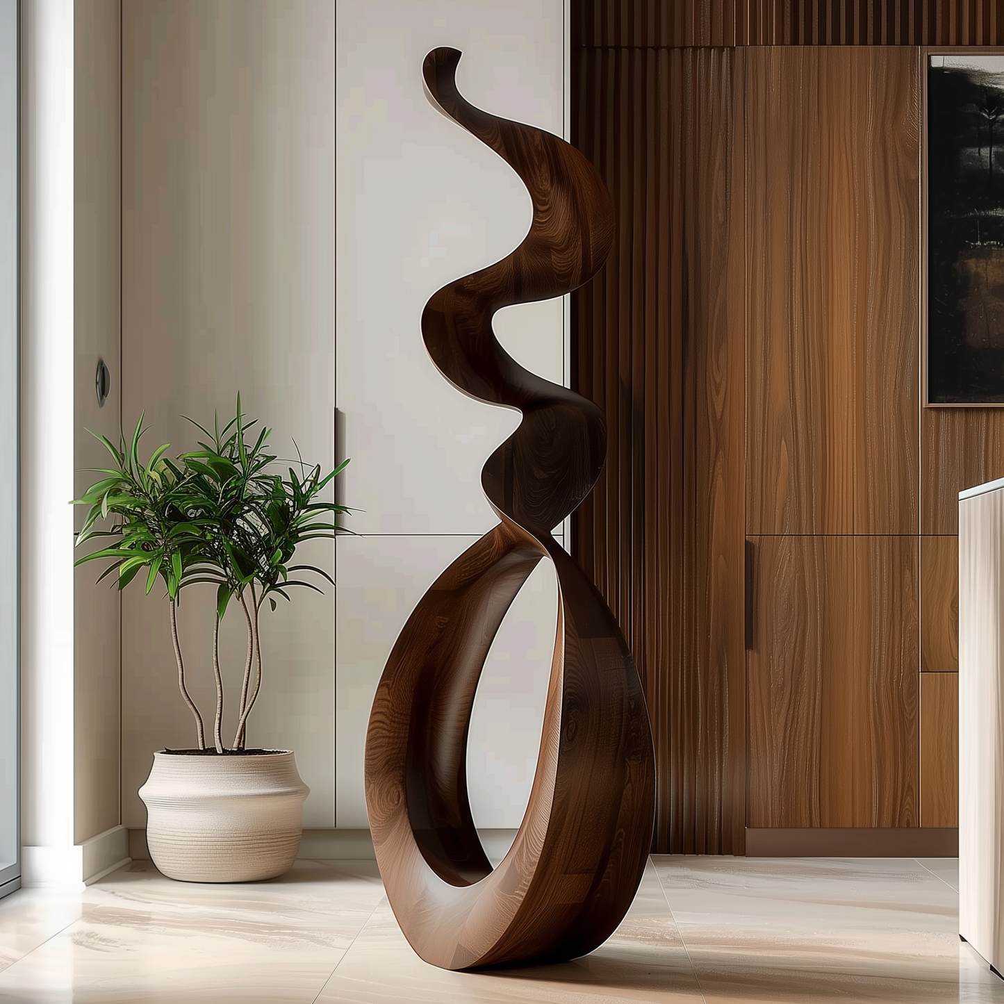 Tall Wooden Flame Spiral Sculpture Hand Carved Solid Wood Abstract Infinity Loop Modern Luxury Home Decor