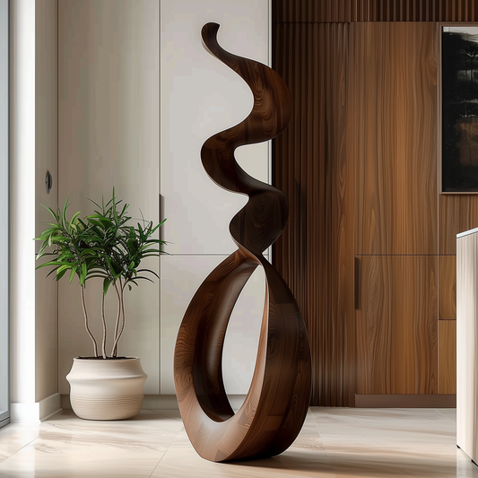 Tall Wooden Flame Spiral Sculpture Hand Carved Solid Wood Abstract Infinity Loop Modern Luxury Home Decor