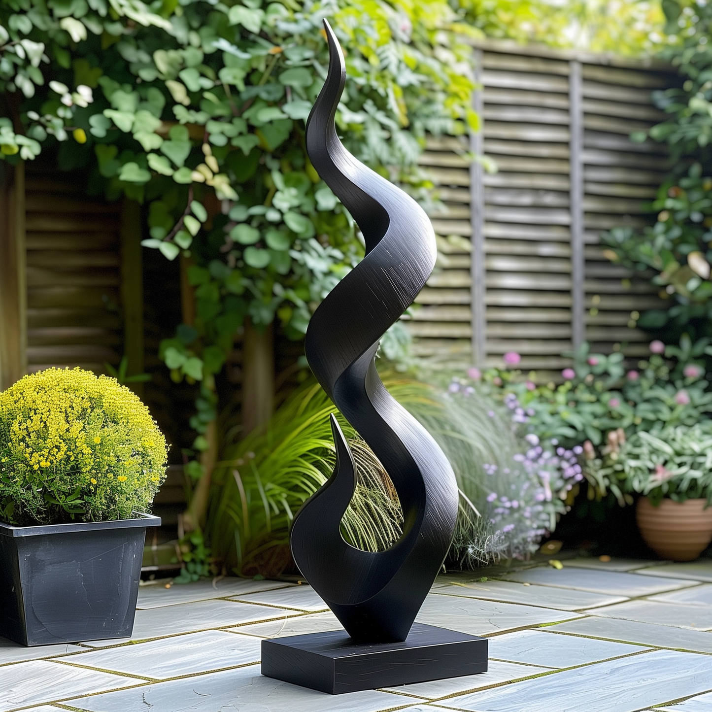 Tall Black Wooden Sculpture – Handmade Modern Abstract Spiral Twist | Solid Wood Organic Wave Outdoor Garden Art Decor Statement Piece
