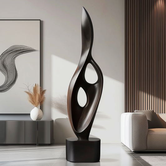 Tall Black Flame Cutout Sculpture Hand Carved Solid Wood Abstract Modern Luxury Home Decor