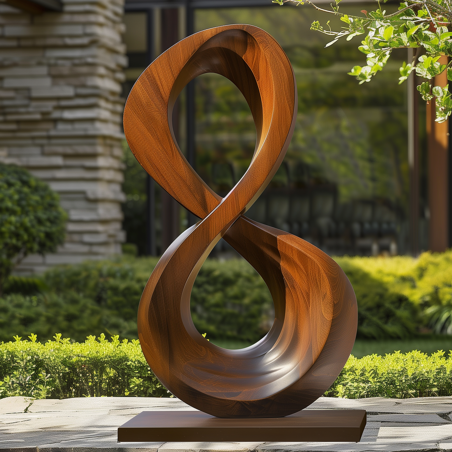 Large Infinity Loop Wooden Sculpture Hand Carved Solid Wood Abstract Modern Garden Entryway Luxury Decor