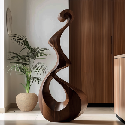 Tall Wooden Flame Infinity Sculpture Hand Carved Solid Wood Abstract Loop Modern Luxury Living Room Decor