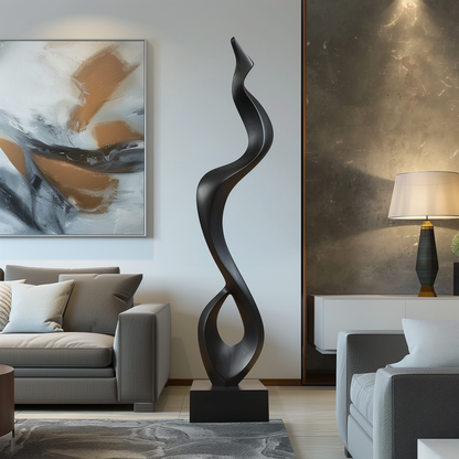 Tall Black Wooden Sculpture – Handmade Modern Abstract Floor Art | Contemporary Solid Wood Home Decor Statement Piece