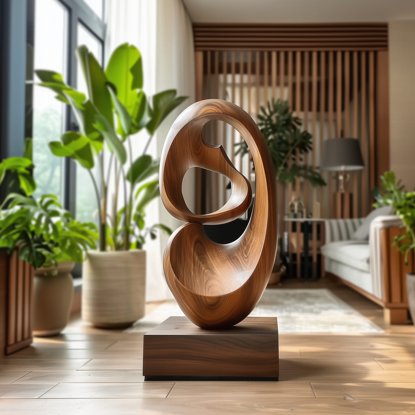 Modern Wooden Oval Flow Sculpture – Handmade Abstract Organic Loop Design | Solid Wood with Natural Grain Contemporary Floor Art Decor
