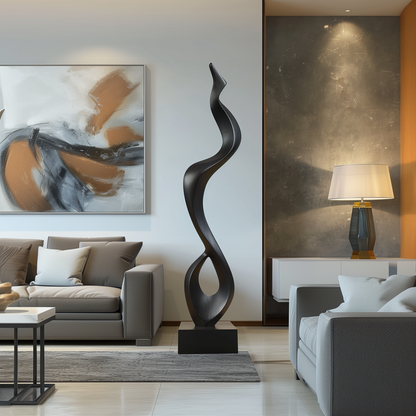 Tall Black Wooden Sculpture – Handmade Modern Abstract Floor Art | Contemporary Solid Wood Home Decor Statement Piece