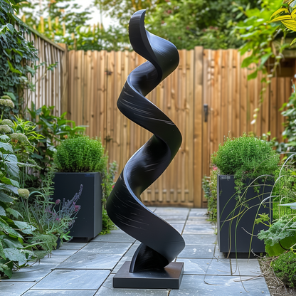 Tall Black Wooden Spiral Sculpture – Handmade Modern Abstract Outdoor Garden Art Solid Wood Twisted Ribbon Yard Decor Statement Piece