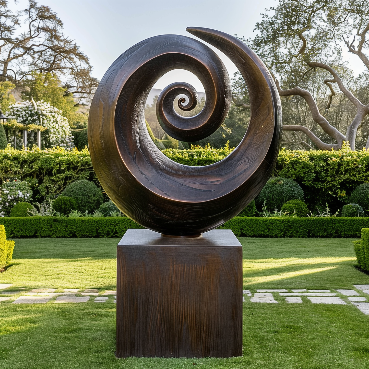 Large Wooden Spiral Sculpture – Abstract Double Swirl Design, Hand-Carved Solid Wood Art for Garden or Modern Home Decor