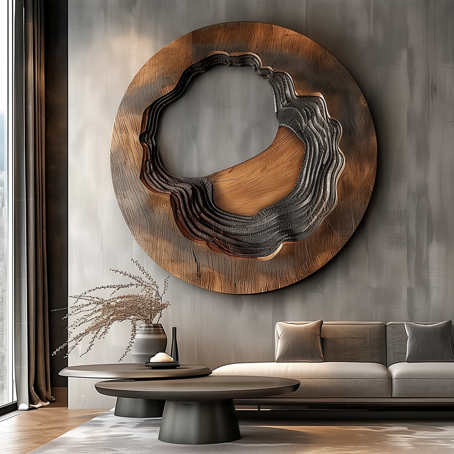 Large Round Wooden Wall Art – Handmade Abstract Layered Carved Sculpture | Solid Wood Organic Crater Design Modern Home Decor