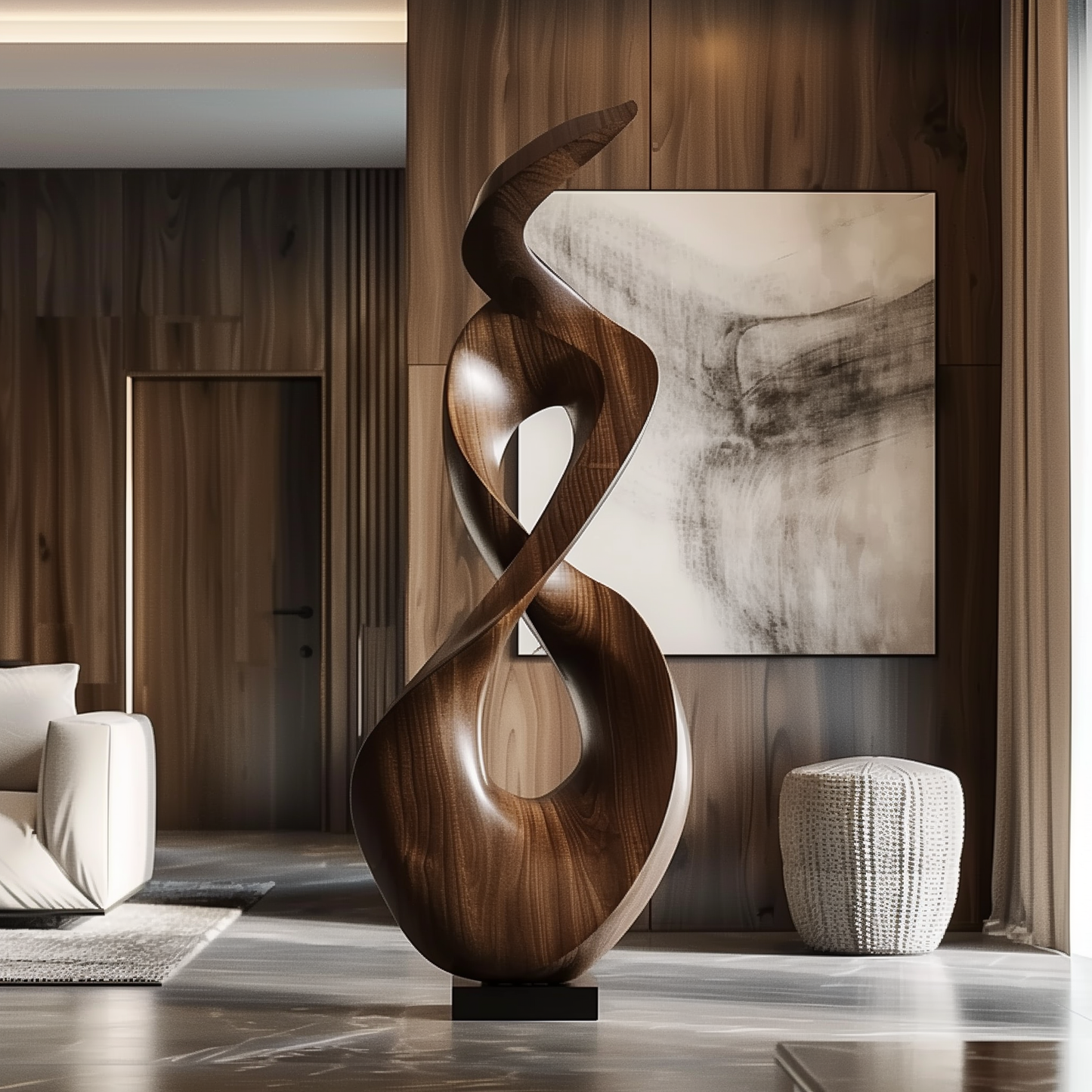 Tall Infinity Flame Wooden Sculpture Hand Carved Solid Wood Abstract Loop Modern Luxury Home Decor