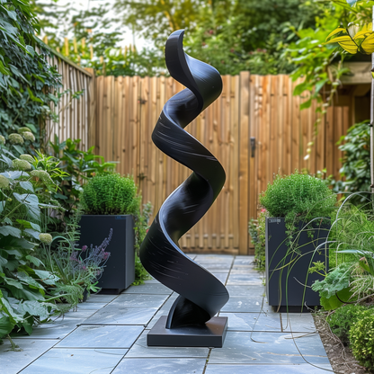 Tall Black Wooden Spiral Sculpture – Handmade Modern Abstract Outdoor Garden Art Solid Wood Twisted Ribbon Yard Decor Statement Piece