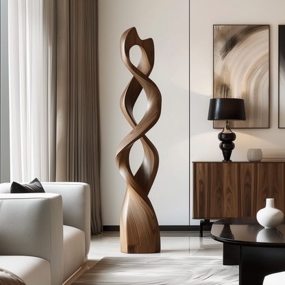 Tall Double Infinity Wooden Sculpture Hand Carved Solid Wood Abstract Twist Modern Luxury Home Decor