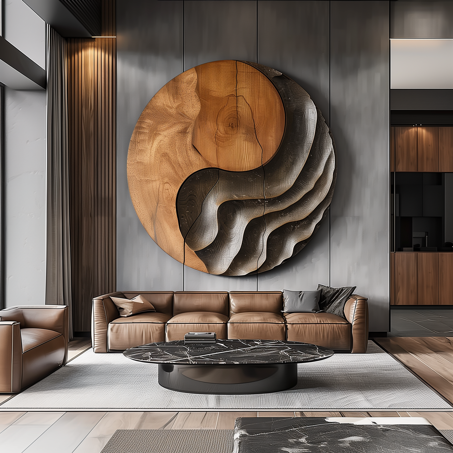 Large Wooden Yin Yang Wall Art – Handmade Abstract Round Wood Sculpture | Carved Solid Wood Wall Hanging Modern Home Decor