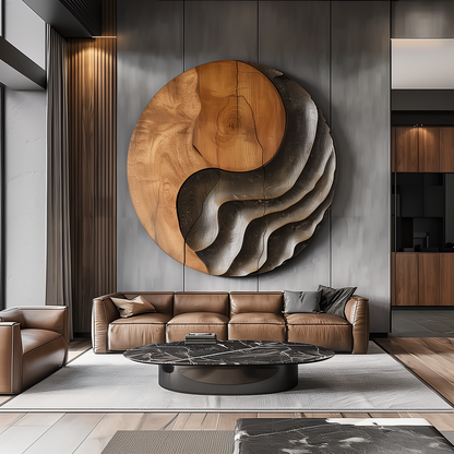 Large Wooden Yin Yang Wall Art – Handmade Abstract Round Wood Sculpture | Carved Solid Wood Wall Hanging Modern Home Decor