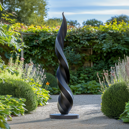 Tall Black Wooden Spiral Sculpture – Handmade Modern Abstract Twist Design | Solid Wood Outdoor Garden Art Contemporary Yard Decor