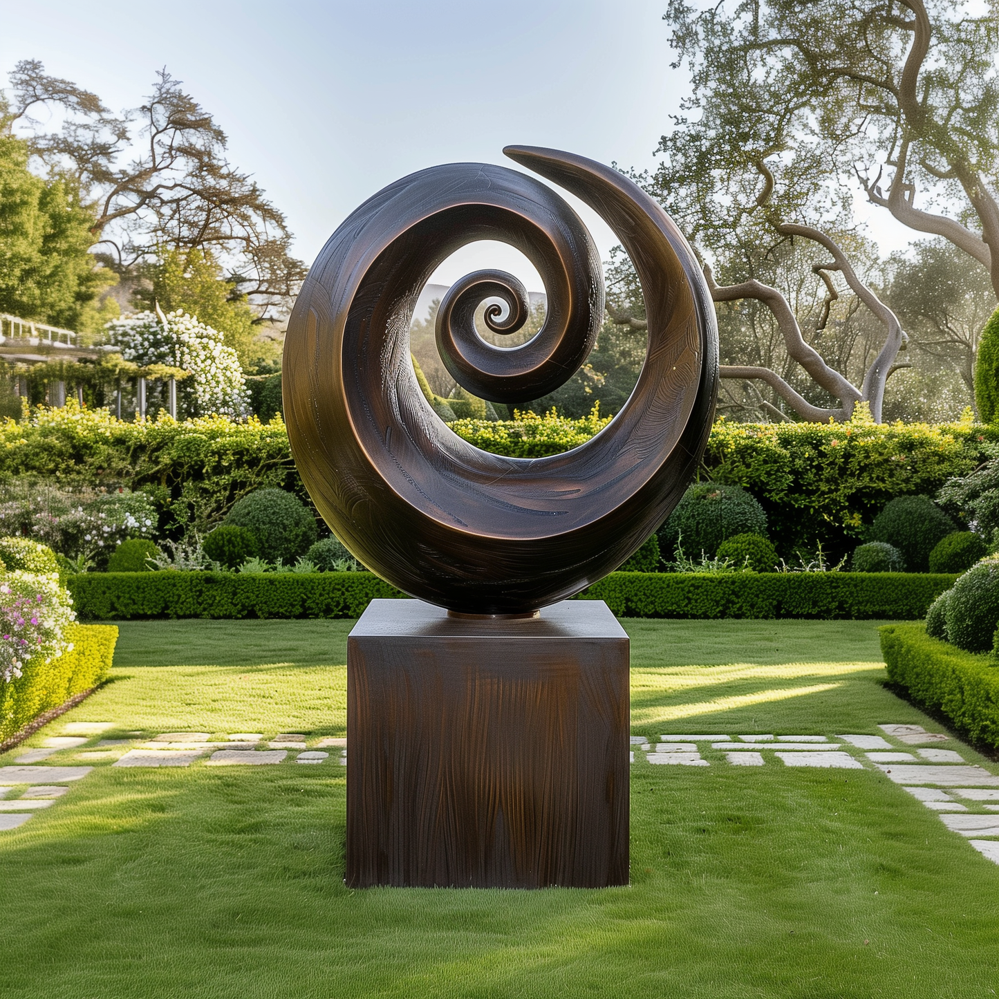 Large Wooden Spiral Sculpture – Abstract Double Swirl Design, Hand-Carved Solid Wood Art for Garden or Modern Home Decor