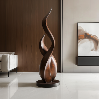 Double Flame Twist Wooden Sculpture Hand Carved Solid Wood Abstract Tall Modern Luxury Home Decor