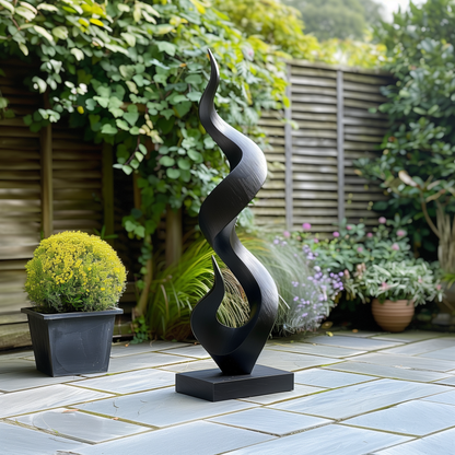 Tall Black Wooden Sculpture – Handmade Modern Abstract Spiral Twist | Solid Wood Organic Wave Outdoor Garden Art Decor Statement Piece