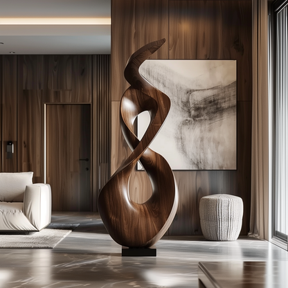 Tall Infinity Flame Wooden Sculpture Hand Carved Solid Wood Abstract Loop Modern Luxury Home Decor