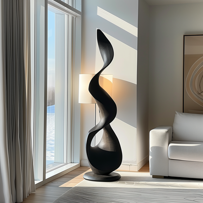 Tall Black Wooden Sculpture – Handmade Modern Abstract Spiral Twist | Solid Wood with Natural Grain Floor Art Home Decor Statement Piece