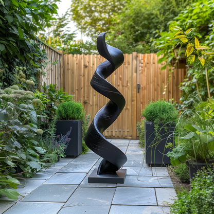 Tall Black Wooden Spiral Sculpture – Handmade Modern Abstract Outdoor Garden Art Solid Wood Twisted Ribbon Yard Decor Statement Piece