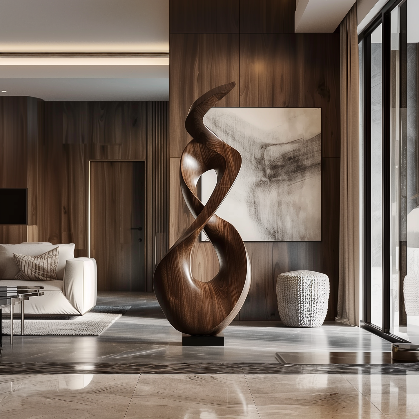 Tall Infinity Flame Wooden Sculpture Hand Carved Solid Wood Abstract Loop Modern Luxury Home Decor