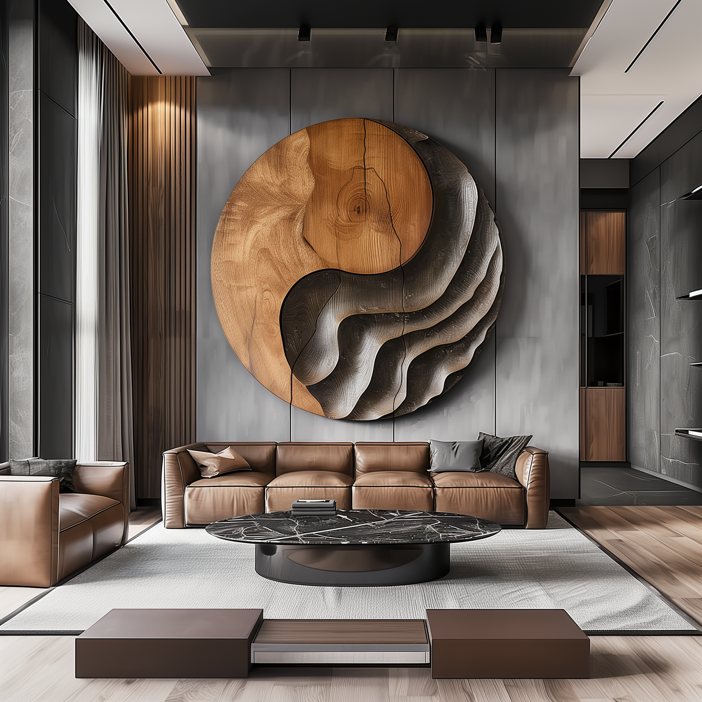 Large Wooden Yin Yang Wall Art – Handmade Abstract Round Wood Sculpture | Carved Solid Wood Wall Hanging Modern Home Decor