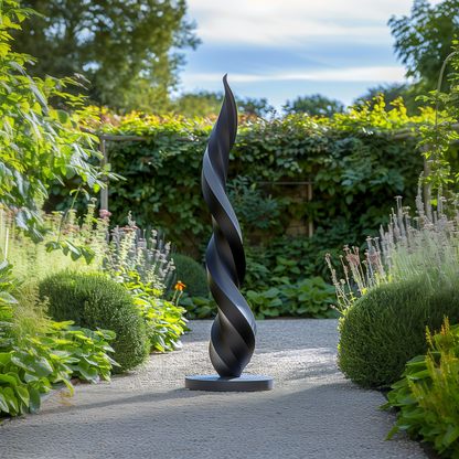 Tall Black Wooden Spiral Sculpture – Handmade Modern Abstract Twist Design | Solid Wood Outdoor Garden Art Contemporary Yard Decor