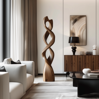 Tall Double Infinity Wooden Sculpture Hand Carved Solid Wood Abstract Twist Modern Luxury Home Decor
