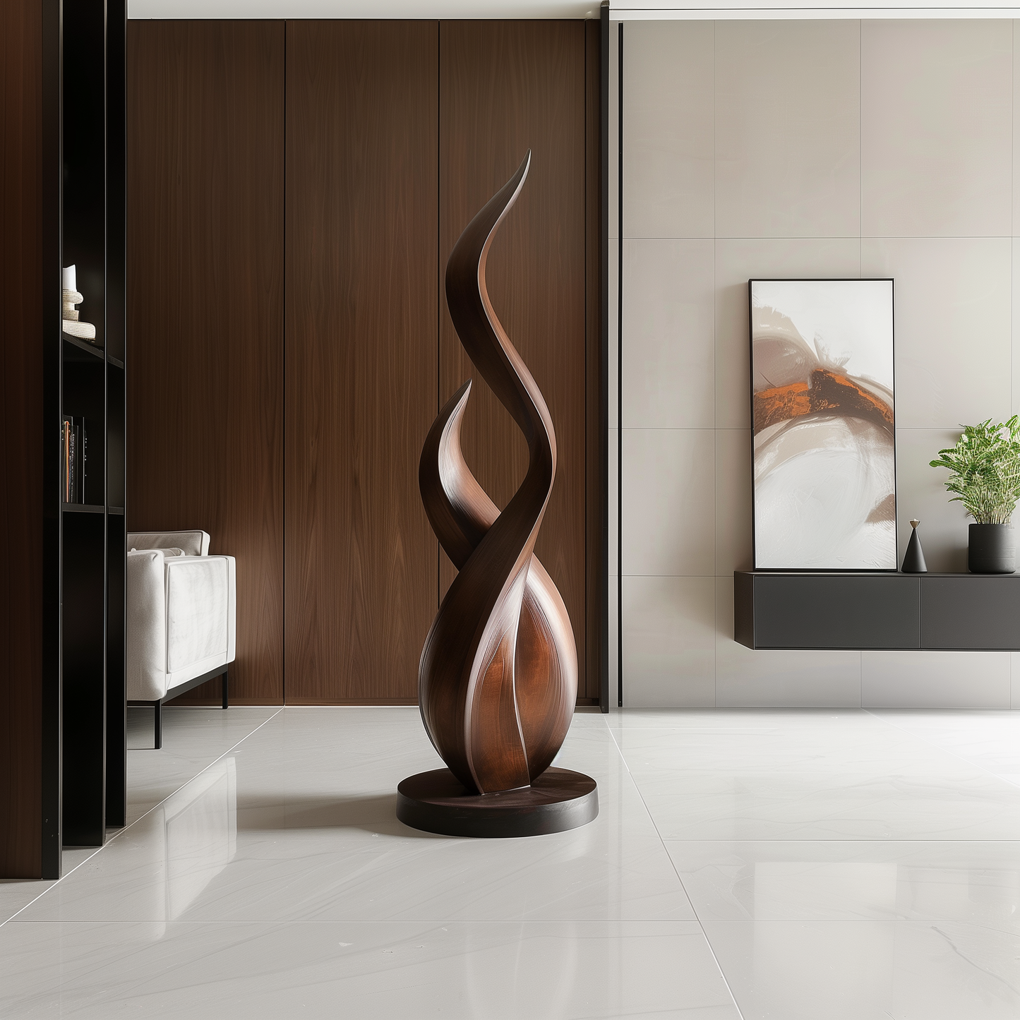 Double Flame Twist Wooden Sculpture Hand Carved Solid Wood Abstract Tall Modern Luxury Home Decor