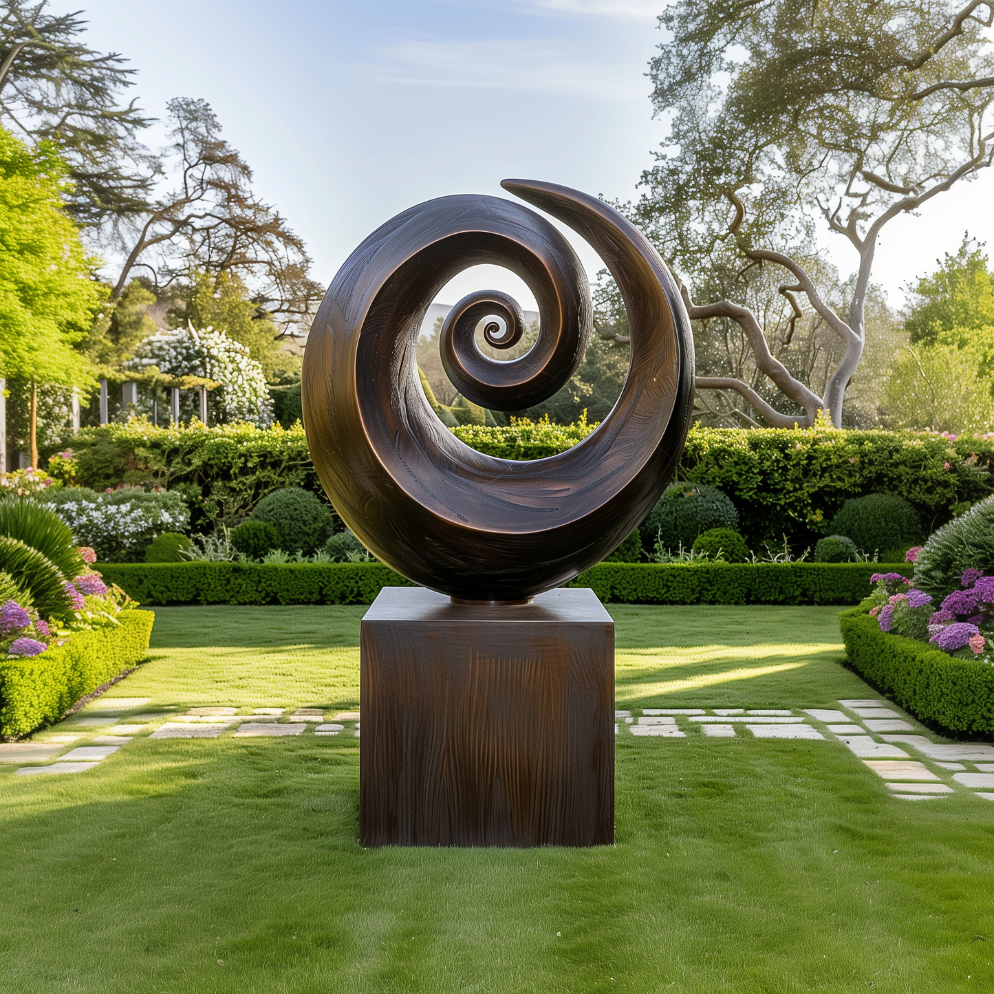 Large Wooden Spiral Sculpture – Abstract Double Swirl Design, Hand-Carved Solid Wood Art for Garden or Modern Home Decor