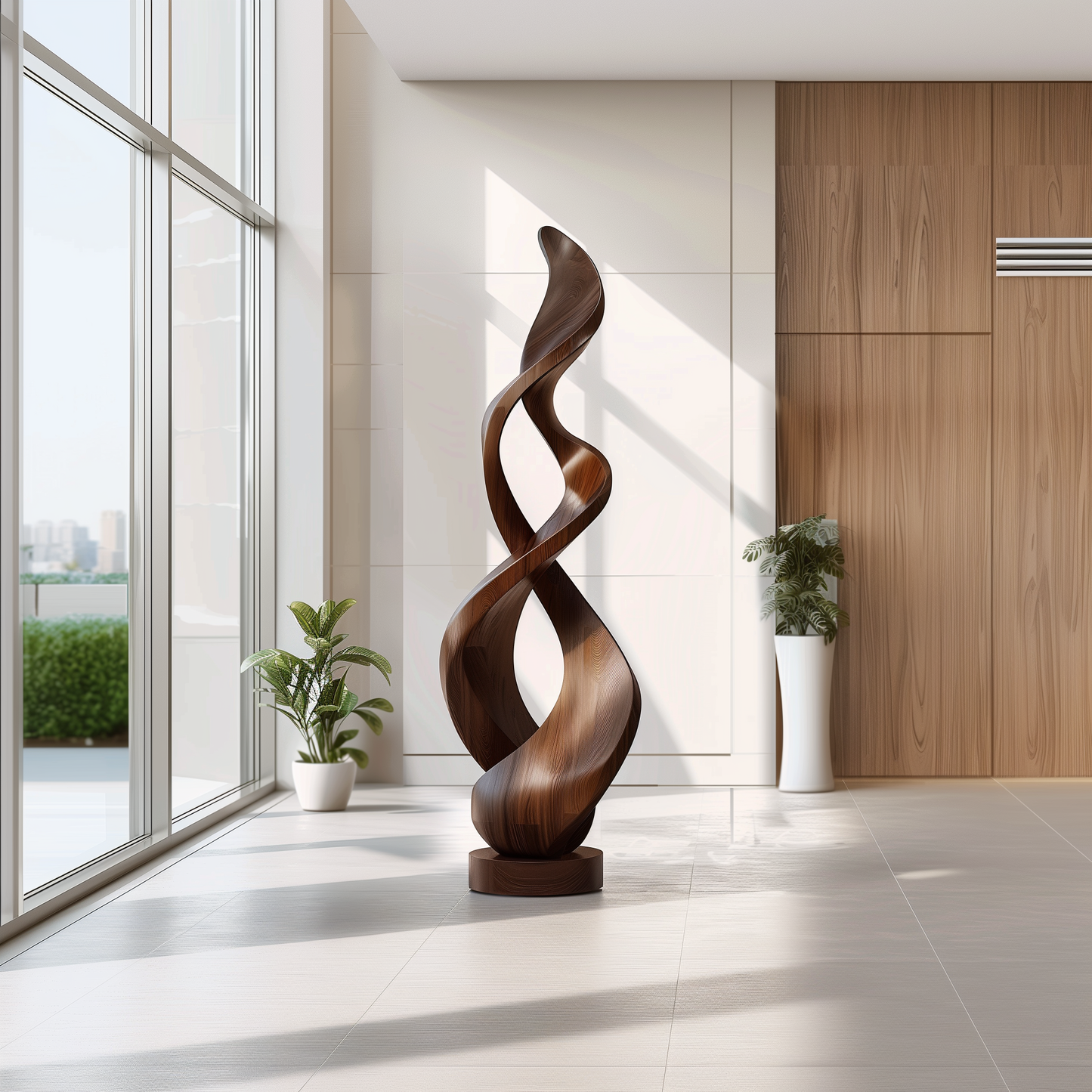 Tall Double Twist Wooden Sculpture – Handmade Abstract Intertwined Design | Solid Wood with Natural Grain Contemporary Floor Art Decor