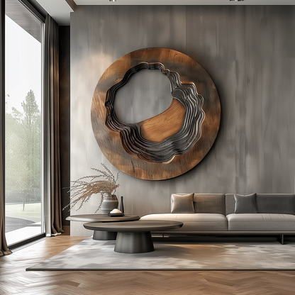 Large Round Wooden Wall Art – Handmade Abstract Layered Carved Sculpture | Solid Wood Organic Crater Design Modern Home Decor