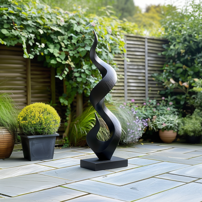 Tall Black Wooden Sculpture – Handmade Modern Abstract Spiral Twist | Solid Wood Organic Wave Outdoor Garden Art Decor Statement Piece
